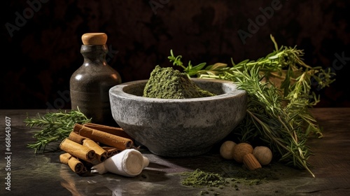 mortar and pestle with herbs generated by AI tool