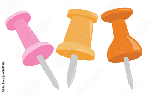 Push pin icon vector set. solated on white background flat color cartoon style.