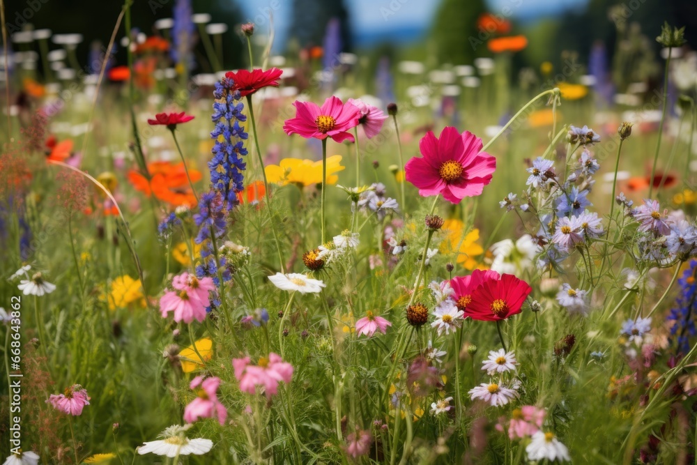 wildflower meadow with varied colors and sizes of blooms - obrazy, fototapety, plakaty 