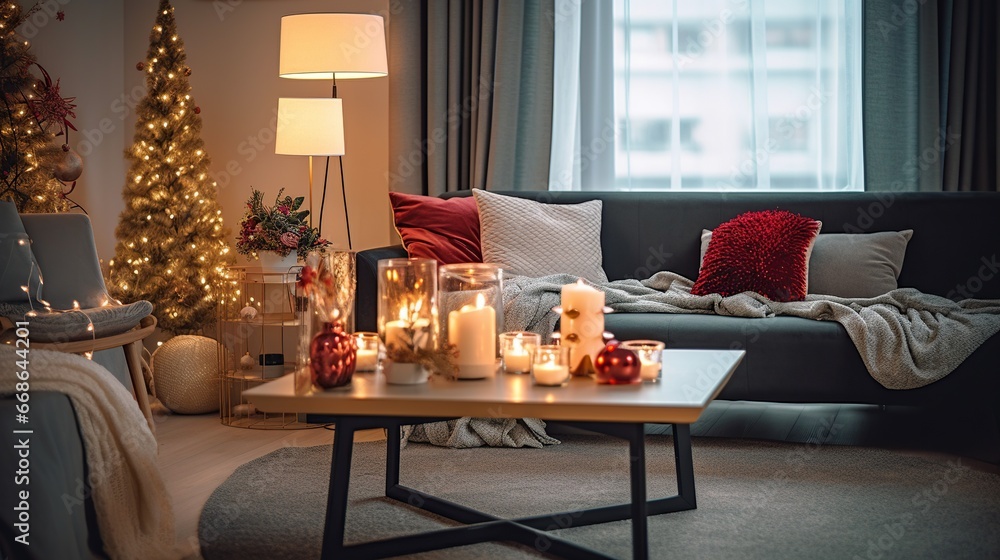 candles on the table in the Christmas living room interior with a gray sofa and festive cushions