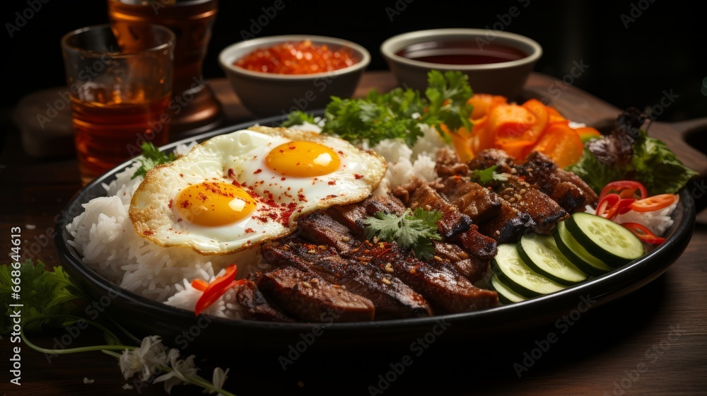 Com Tam Vietnamese dish with broken rice serve. Generative AI. Com Tam Vietnamese dish with broken rice serve. Generative AI.