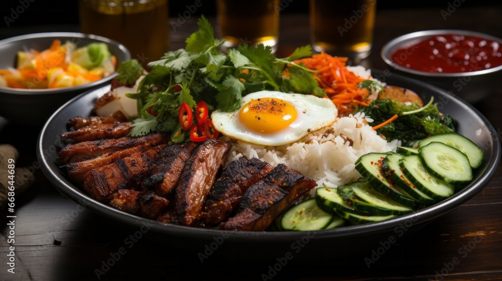 Com Tam Vietnamese dish with broken rice serve. Generative AI. Com Tam Vietnamese dish with broken rice serve. Generative AI.