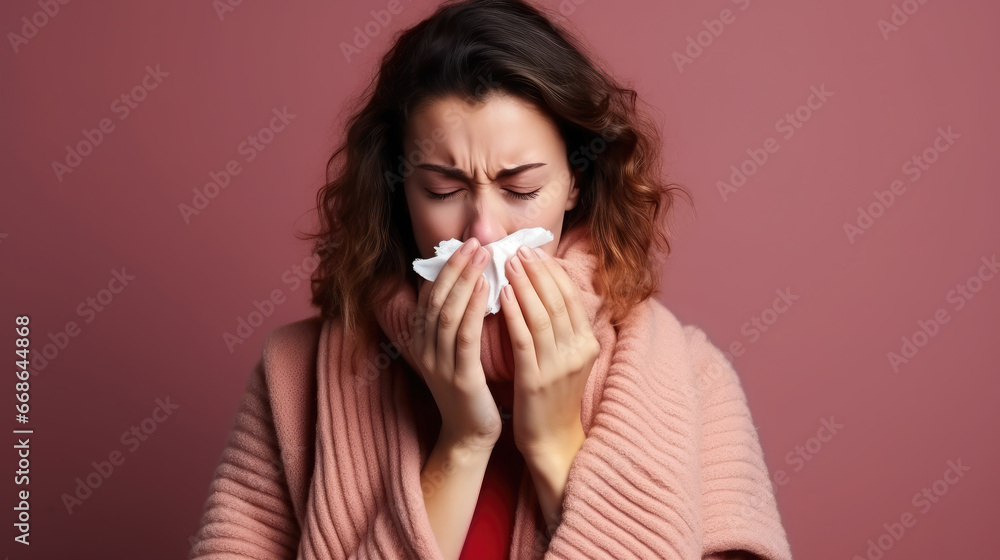 young woman with an allergy or cold sneezes and covers her face with a handkerchief on a color background, illness, sick girl, medicine, health, asthma, stuffy nose, virus, cough, treatment, soreness young woman with an allergy or cold sneezes and covers her face with a handkerchief on a color background, illness, sick girl, medicine, health, asthma, stuffy nose, virus, cough, treatment, soreness