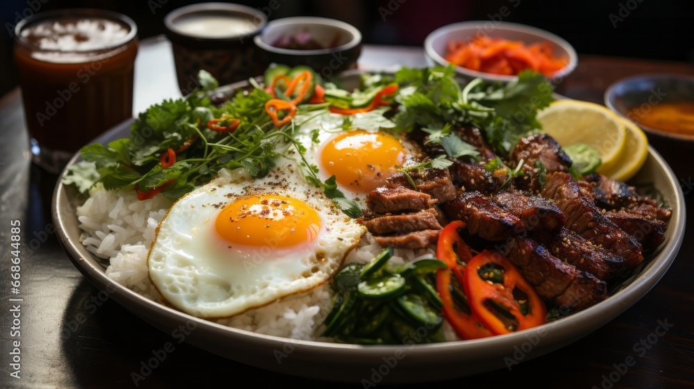 Com Tam Vietnamese dish with broken rice serve. Generative AI. Com Tam Vietnamese dish with broken rice serve. Generative AI.
