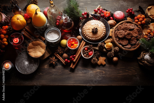 Christmas spices, cookies, citruses, snacks on wooden background. Top view