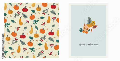Set of Happy Thanksgiving card and pattern for holiday packaging, home decor and textiles. Cozy holiday design with country house, pumpkins, autumn leaves on blue background