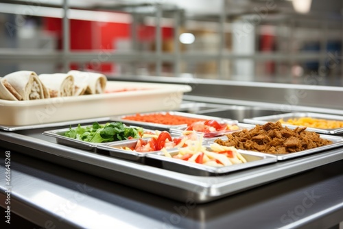 school cafeteria trays with food on a conveyor