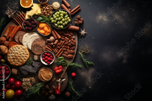 Christmas spices, cookies, citruses, snacks on black background. Top view with copy space