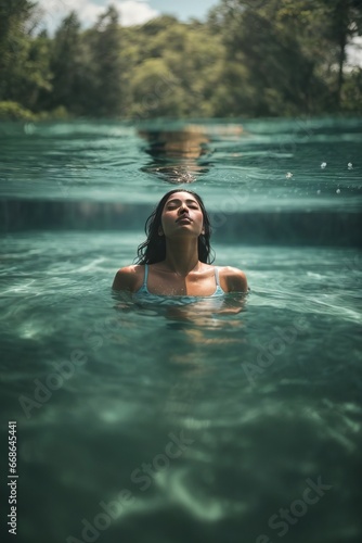 Beautiful brunette woman swims in pool, lake, sea