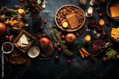 Christmas spices, cookies, citruses, snacks on black background. Top view