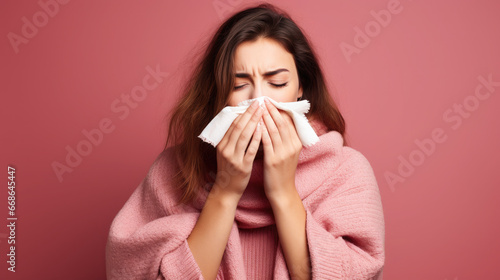 young woman with an allergy or cold sneezes and covers her face with a handkerchief on a color background, illness, sick girl, medicine, health, asthma, flu, virus, cough, treatment, soreness