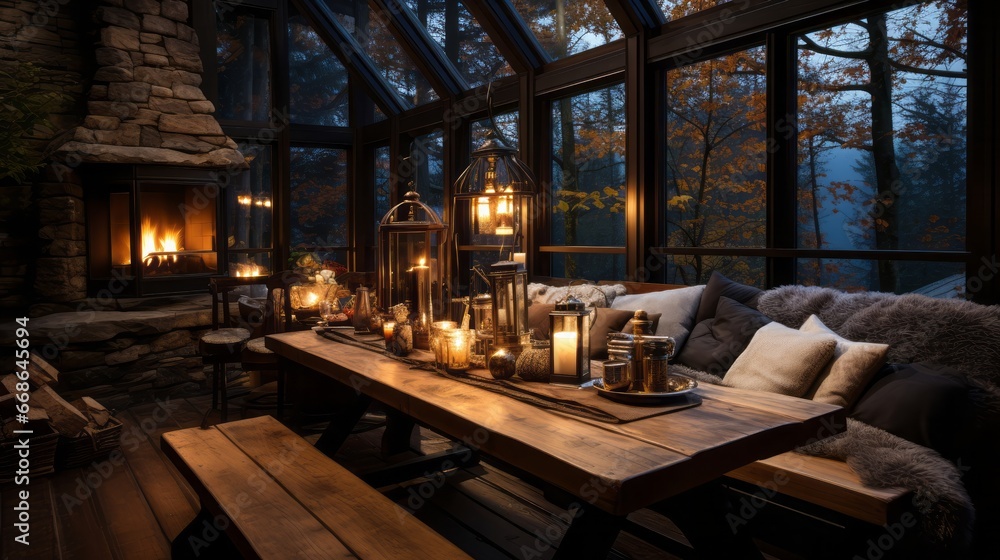 Cozy winter cabin with a wooden table set. Generative AI. Cozy winter cabin with a wooden table set. Generative AI.