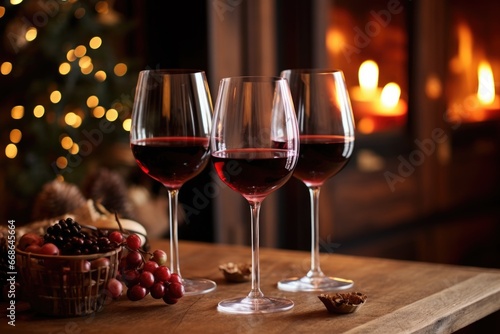 wine glasses filled with red wine near a candle
