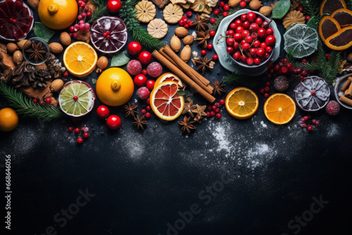 Christmas spices, cookies, citruses on black background. Top view with copy space