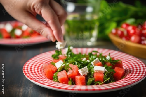 hand serving a portion of watermelon and feta salad onto a plate