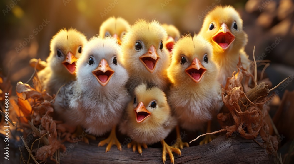 Cute Cartoon Chickens in a Chicken Coop. Generative AI. - obrazy, fototapety, plakaty 