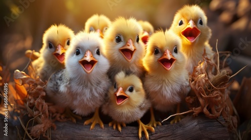 Foto Cute Cartoon Chickens in a Chicken Coop. Generative AI.