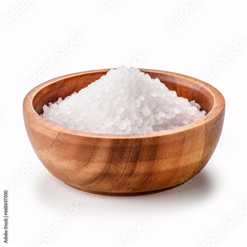 Coarse salt in wooden dish isolated on white.
