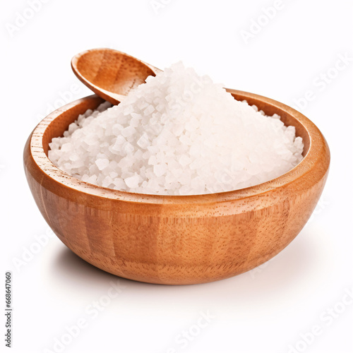Coarse salt in wooden dish isolated on white. photo