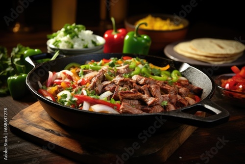 preparing fajitas: a skillet with sizzling meat and vegetables