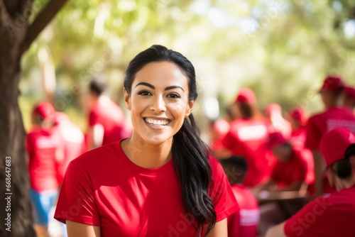 Cheerful woman wearing a light red t-shirt under a white canopy, other volunteers in similar blue shirts are engaged in various activities