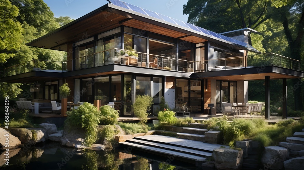 Eco-friendly house with solar panels. Generative AI.