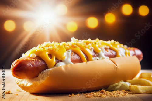 Close up of hot dog with mustard in dark restaurant in background of sun shining or bokeh light. Food concept of fast food and breakfast.