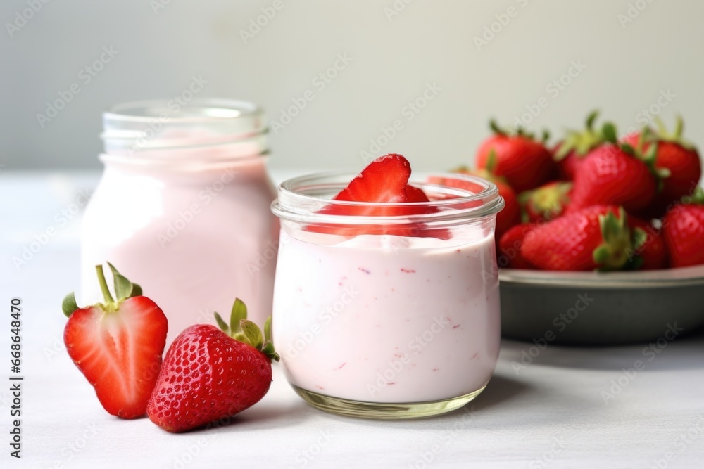 a strawberry yogurt drink in a can next to plain yogurt and a strawberry a strawberry yogurt drink in a can next to plain yogurt and a strawberry