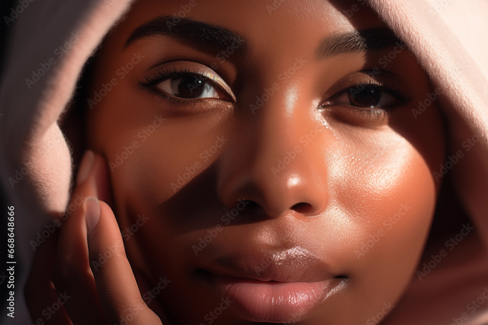 Beauty portrait of gorgeous black woman touching her face