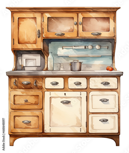 Watercolor vintage hoosier cabinet. Old kitchen cabinet with stuff. photo