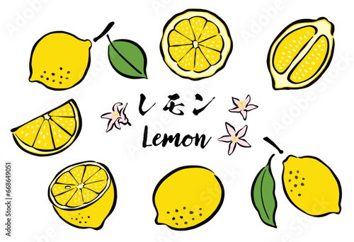 和風の筆タッチの柑橘類フルーツ_レモン