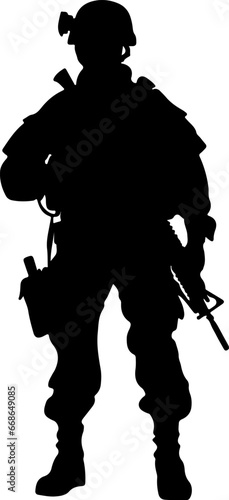 Army soldier Black silhouette vector, Silhouette of a military with weapons, American soldier silhouette clipart. AI generated illustration.