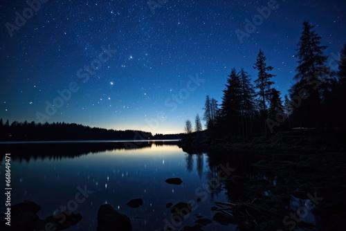 a starry sky reflecting onto a quiet lake