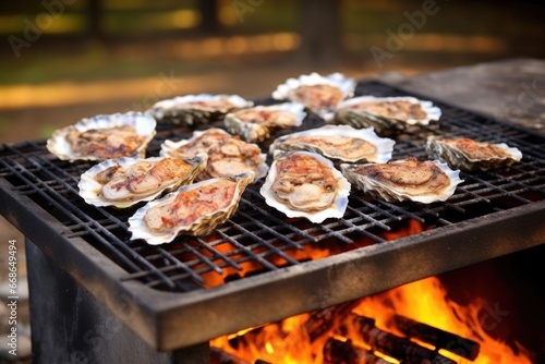 oyster barbecue with grill marks, on picnic table