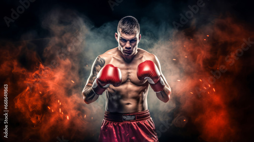 Boxer in red gloves and shorts posing against dramatic smoky background
