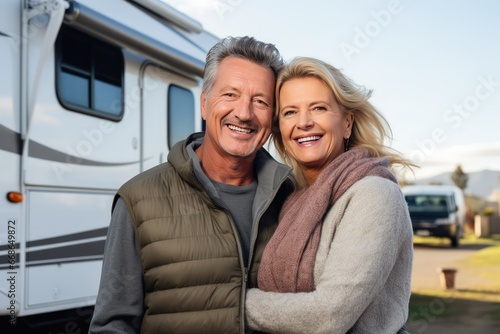 Middle aged Caucasian couple traveling together in motorhome is a separate type of relaxation from the hustle and bustle of a big city. Mental health and digital detox concept.