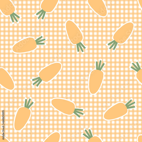 Seamless baby pattern orange carrots on a gingham pattern Hand drawn design in cartoon style. For children's clothing, wallpaper, decoration