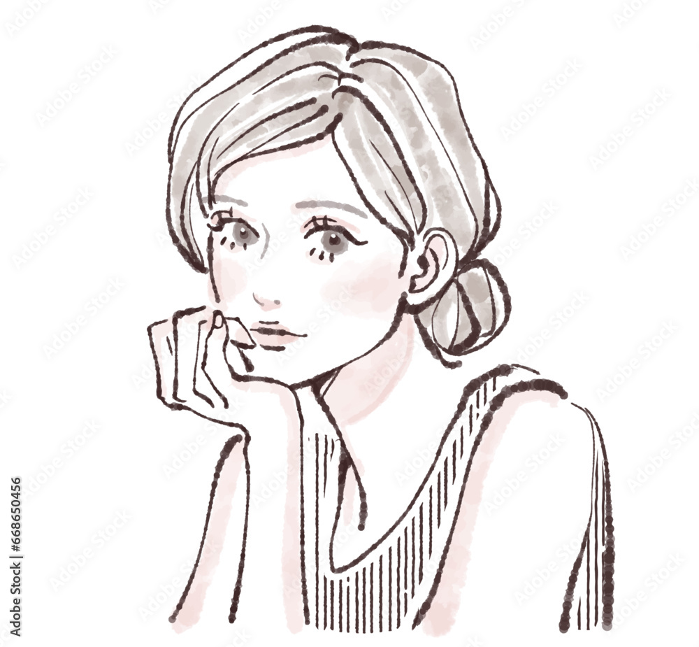 頬杖をつく女性・女の子のイラスト素材 頬杖をつく女性・女の子のイラスト素材