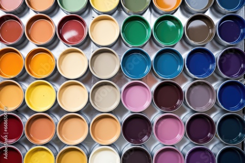 overhead view of paint cans and color swatches
