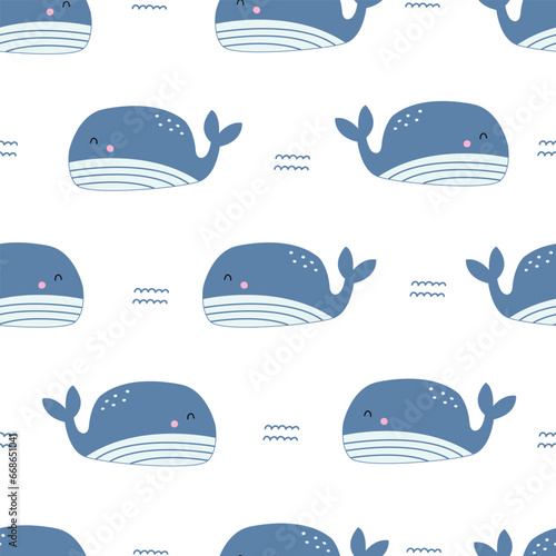 Blue whale seamless pattern sea animal background for kids. Hand drawn design in cartoon style. Use for textiles, prints, wallpapers, vector illustrations.