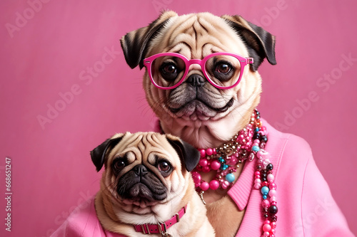 Pug in the image of a happy woman in bright pink clothes and glasses together with her pet