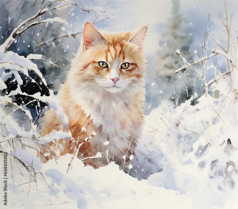 watercolour cute red cat in snow