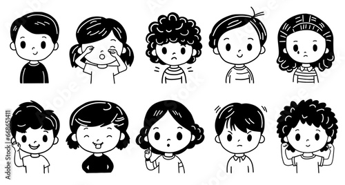 Collection of black and white hand drawn kids' faces. Kid emotions. Thinking teenager. Black and white heads. People feelings. Vector cartoon tidy lines portraits set