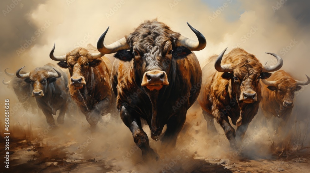 Naklejka premium Group of bulls with horns. Generative AI.