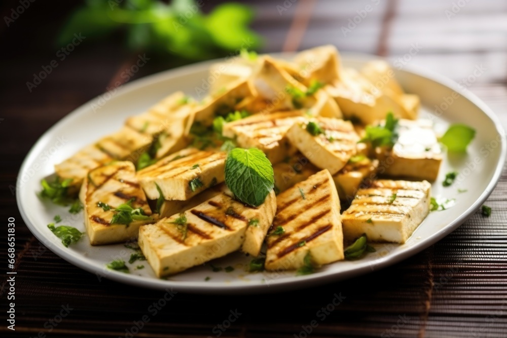 a plate full of grilled tofu slices
