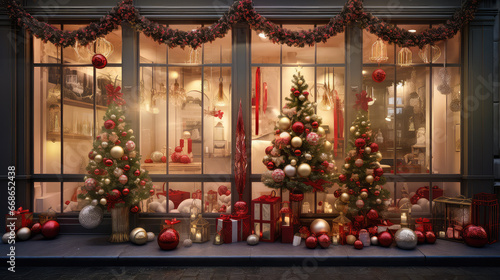 Shop Window with Beautiful Christmas Gifts and Decorations.