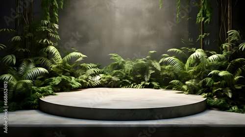 Concrete Podium In Tropical Forest For Product Presentation And Green Wall. 3D Render Illustration  Gererative AI