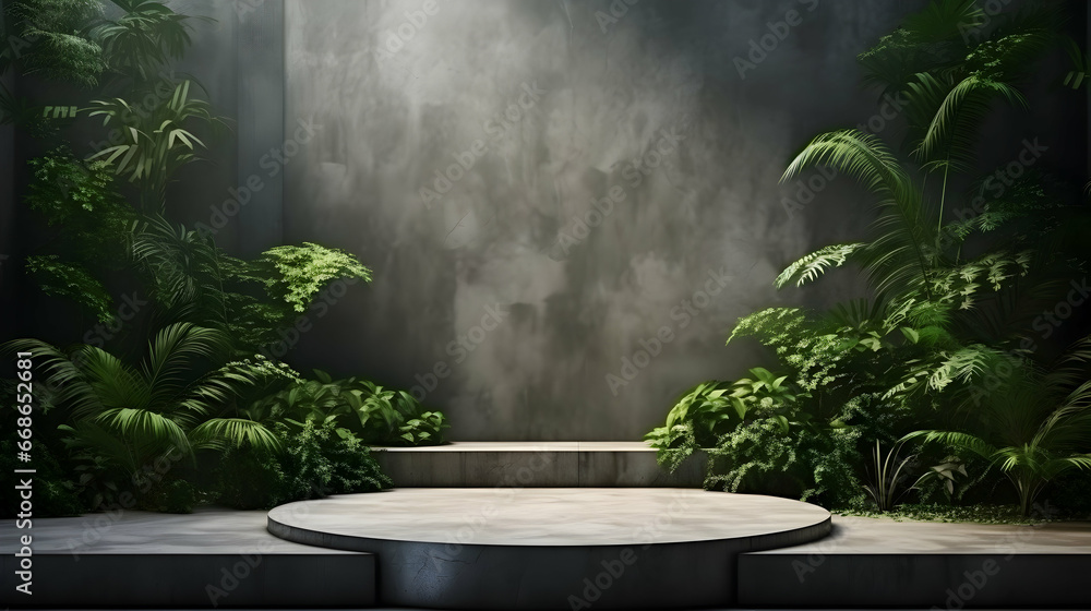 Concrete Podium In Tropical Forest For Product Presentation And Green Wall. 3D Render Illustration, Gererative AI Concrete Podium In Tropical Forest For Product Presentation And Green Wall. 3D Render Illustration, Gererative AI