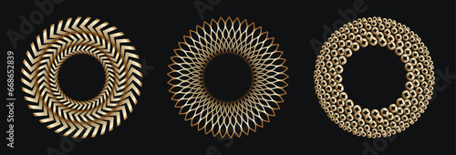 Design spiral dots backdrop. Abstract circular pattern in metallic color on a black background. Vector-art illustration for frame, round logo, sign, symbol, invitation, poster, template.