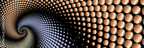 A vector illustration banner showcasing a geometric spiral formed by colorful dots set against a black background. This fashionable design element complements frames, circular icons, signs, and symbol